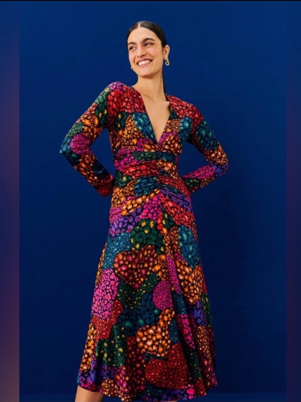 FARM Rio Rainbow Hearts Midi Dress Rainbow Animal Print Size Medium NWT